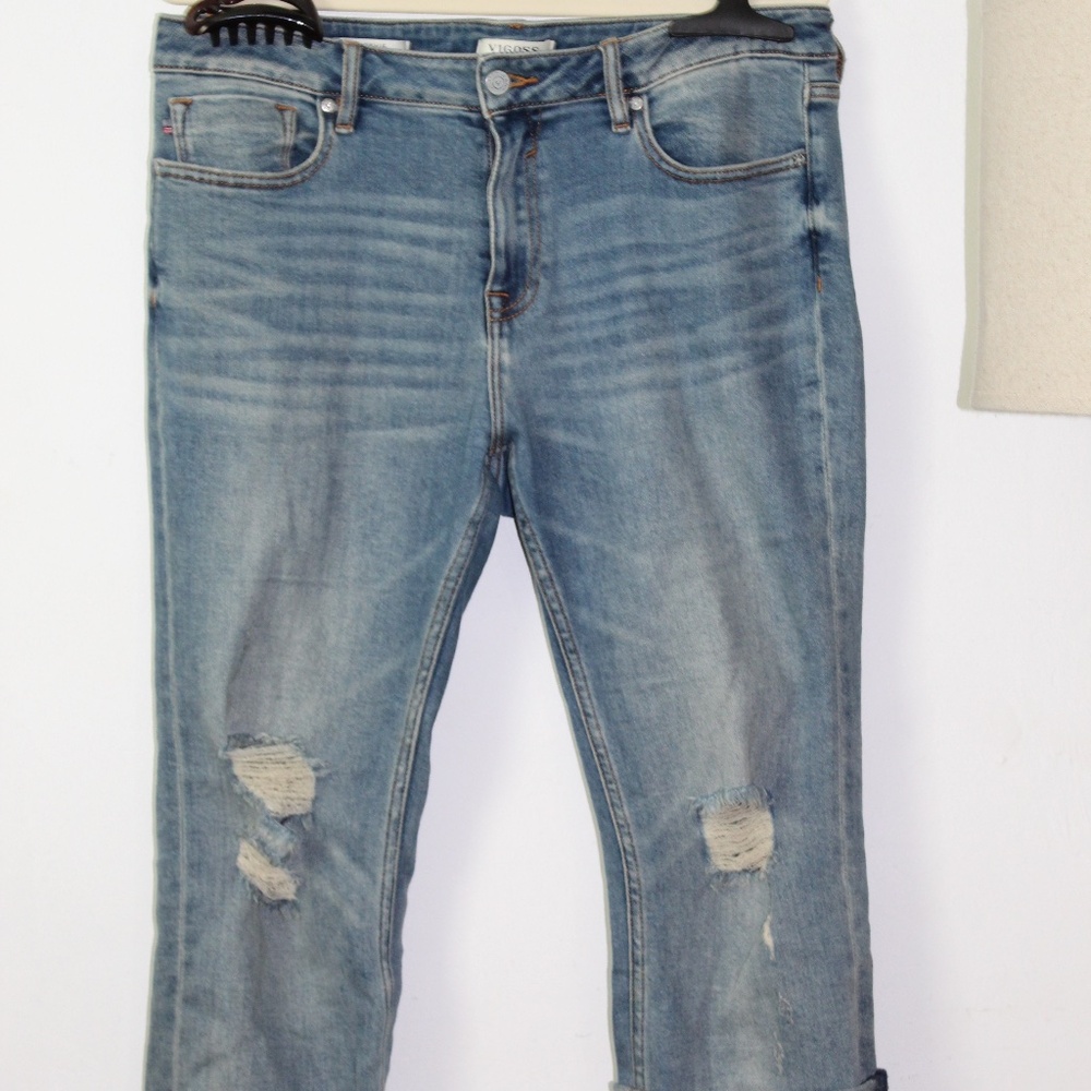Vigoss Stevie Crop Straight Distressed Medium Wash Jeans with Raw Hem Size 30